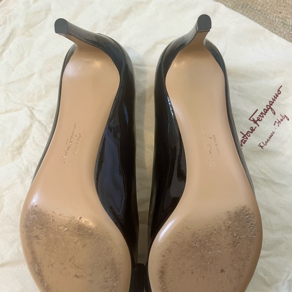 Salvatore Ferragamo Black Patent Bow Peeptoe Heels - Picture 7 of 8